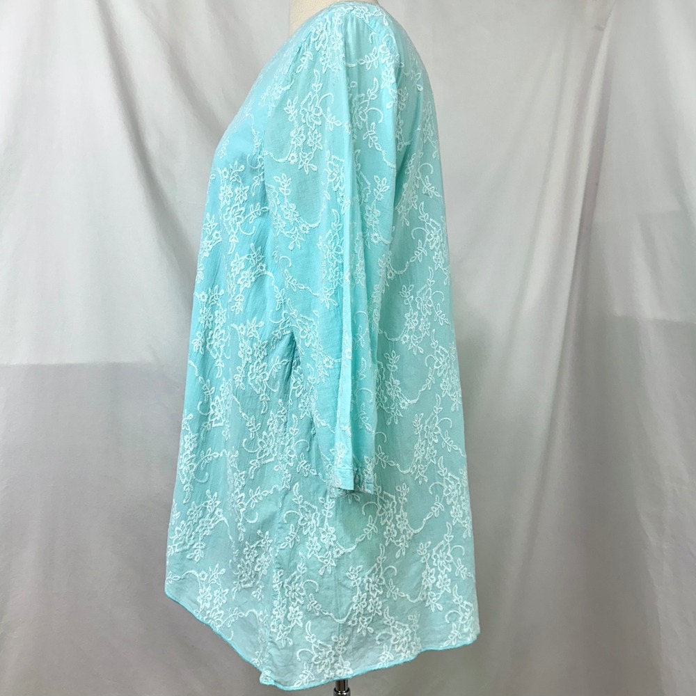 CMC Color Me Cotton Aqua Blue Floral Embroidered Asymmetrical Tunic Top L USA - Picture 4 of 7